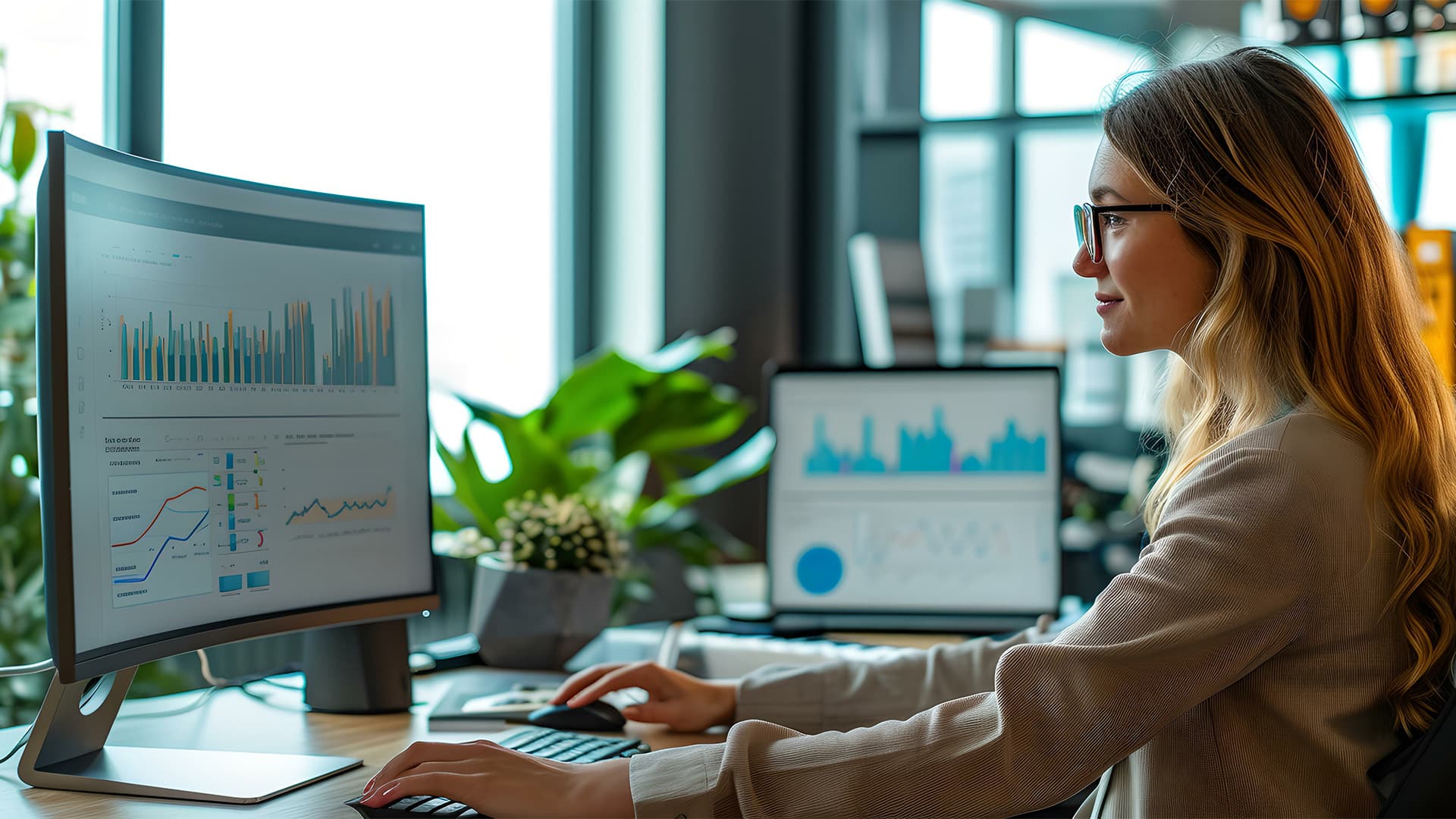 A woman using a desktop to access data for a QMR, PQR